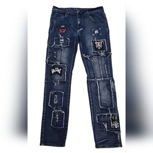 Rebel Distressed Patchwork Skull Jeans Size 34